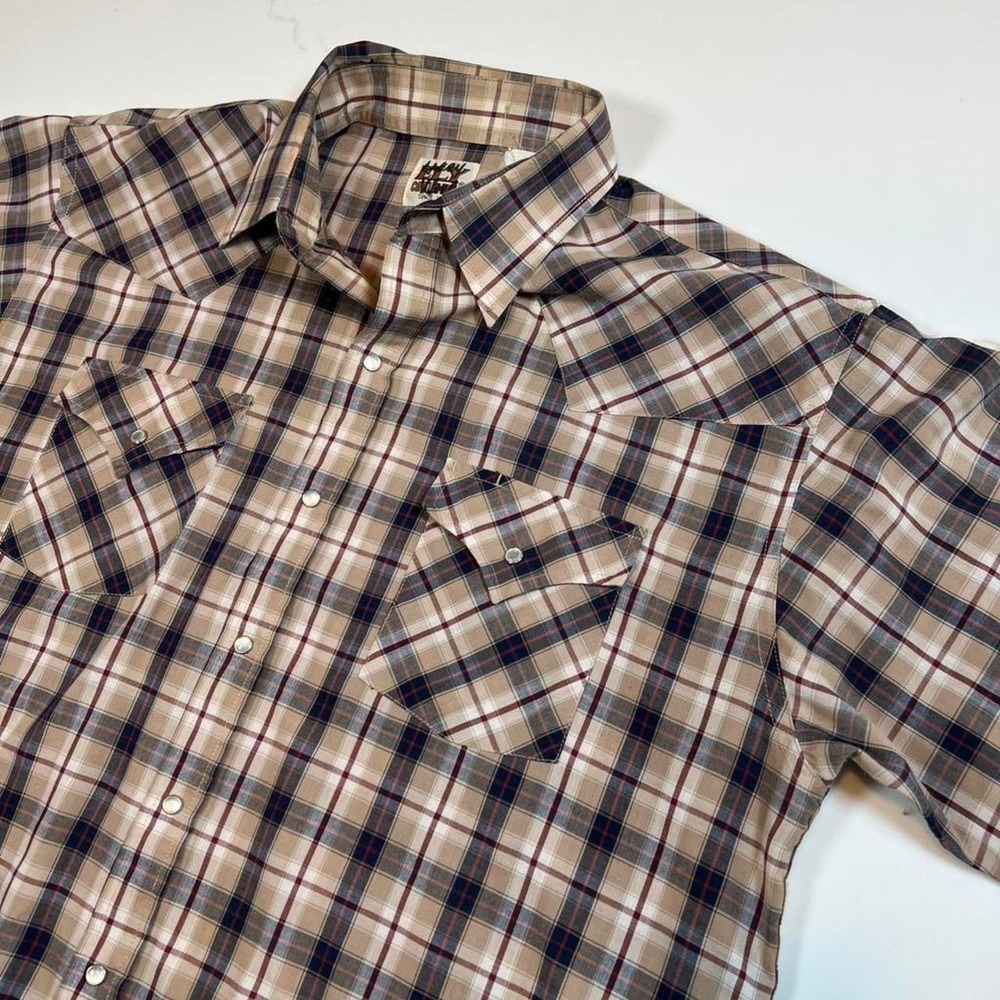 Ely Cattleman Western Shirt Mens Large Tan Plaid Pearl Snap Short Sleeve